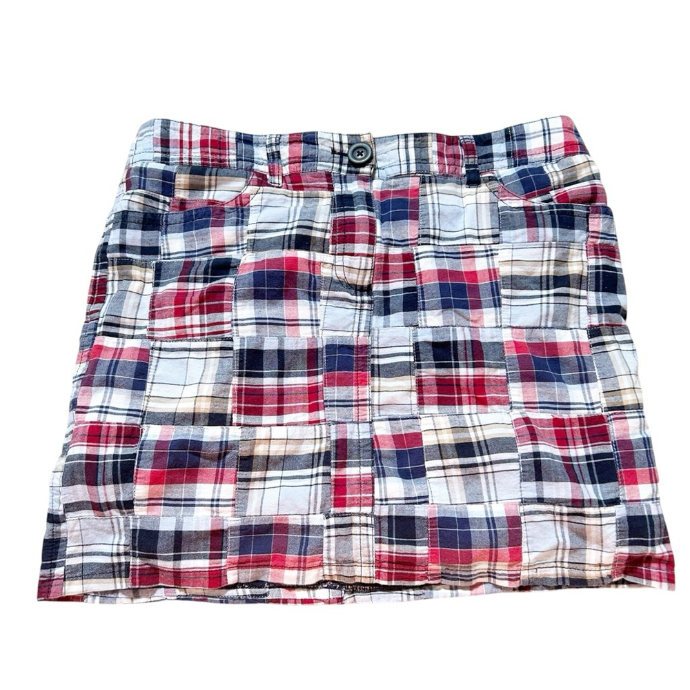 Ann Taylor LOFT Red White & Blue Plaid Quilted Mini Skirt Size 8 Cotton Summer